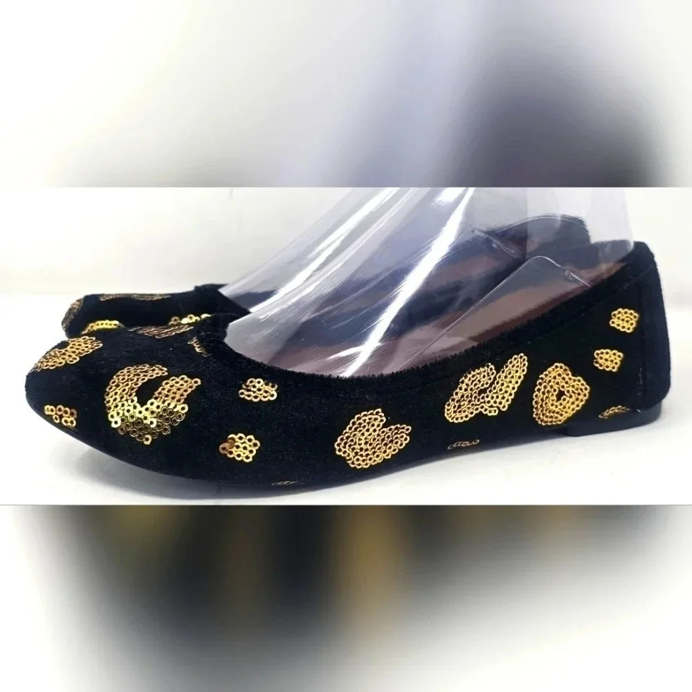 Lucky Brand Women's Elisabeta Black Velvet Flats With Gold Sequins Size 6.5